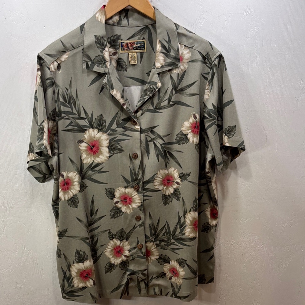 La Cabaña Green Hawaiian Relaxed Floral Button-Down Shirt Camp Collar Vintage 1X